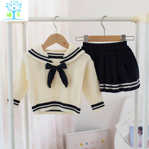 Girl Sweater Suit Baby Spring Autumn Wool Thread Needlenitwear Dress Children Two Sets Girls 100 Pleats Short Skirts Foreign Air