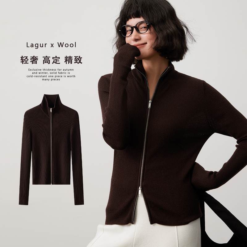 Lagur Double-Ended Zipper Sports Style 100% Pure Wool Paper-Thin Knit Sweater Slimming 2026 Early Spring New Top