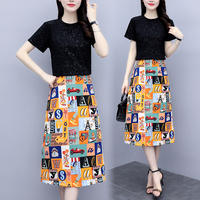 Mid-length popular suit for women 2020 summer new round neck short-sleeved T-shirt temperament slimming pencil skirt two-piece set