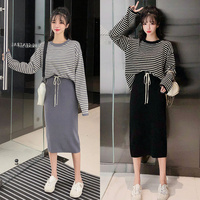Fashion suit for women 2020 spring new striped long-sleeved T-shirt mid-length pencil skirt knitted two-piece set Korean version