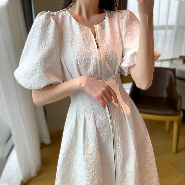 French Hepburn style puff sleeve dress women's waist slimming high-level sense of chic temperament and chic plus size fat sister summer dress