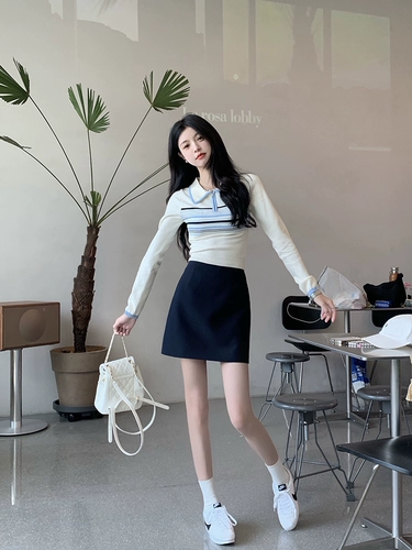 Лонгслив, приталенный сексуальный свитер, воротник поло, в корейском стиле