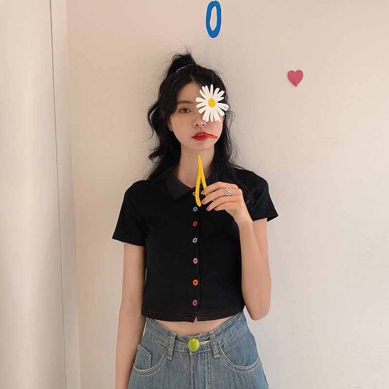 Fan Zhiqiao black polo shirt 2021 new high-waisted short-sleeved top slim short section exposed umbilical hyuna wind t-shirt