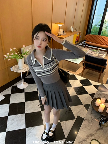 Лонгслив, приталенный сексуальный свитер, воротник поло, в корейском стиле