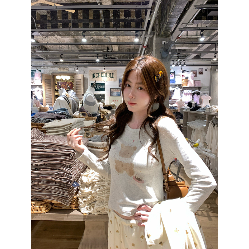Ptonumi Little Bear Wishing Night Original Pattern Print Long Sleeve T-Shirt for Women Early Autumn Gray Crew Neck Top