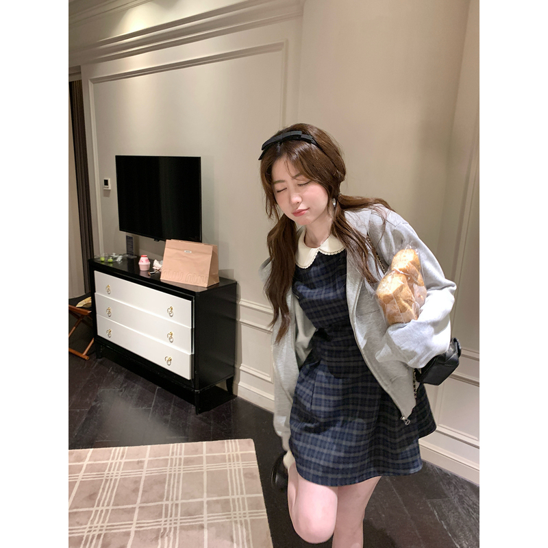 Ptonumi Dolly Notepad Sleeveless Round Neck Plaid Dress Women's Autumn and Winter Waist Slimming Tank Dress