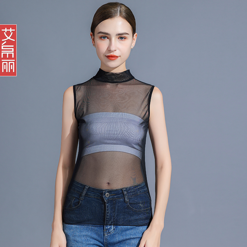 Black Lace Base Shirt for Women, Spring and Autumn, Half-High Collar, Sleeveless Vest, Inner Layer, Sheer Tulle Top, Transparent Mesh Top