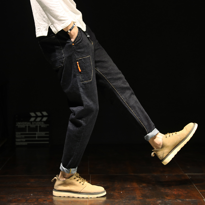 Autumn and winter jeans Harem pants men loose large size Japanese trend elastic personality lace-up small feet long pants velvet