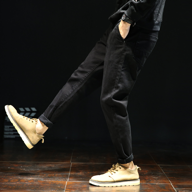 Autumn Winter Thickening in black trendy jeans Men's loose small foot Korean version Increase code casual Harun pants men
