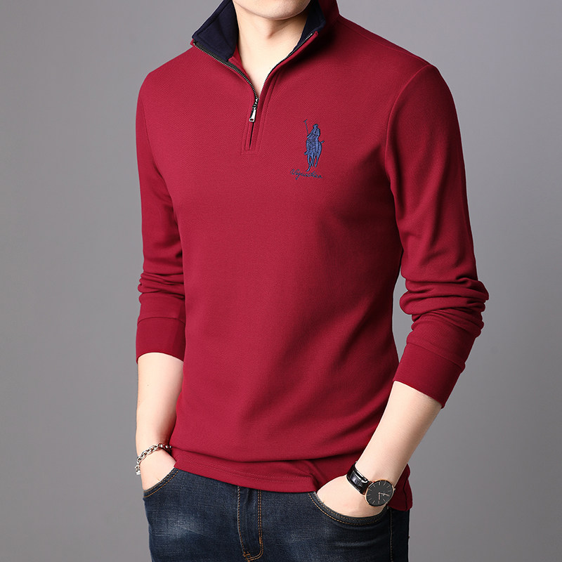 Spring and autumn men's cotton long-sleeved T-shirt loose with zipper middle-aged collar pullover pants Thick cotton T men's top