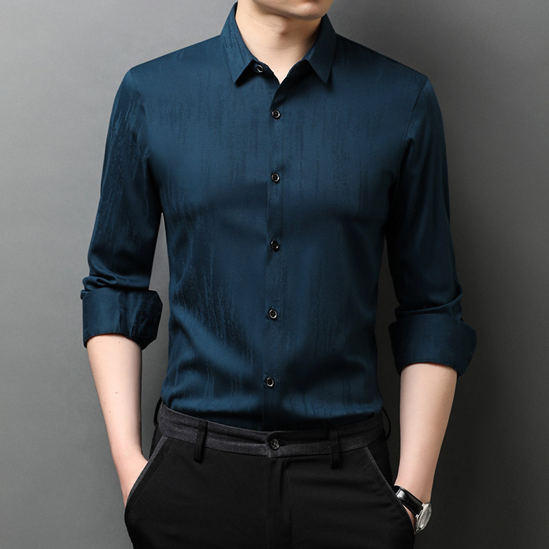 Ice silk men's shirt long sleeve T-shirt 2021 Spring and autumn money business casual light luxury men's blouse real silk shirt