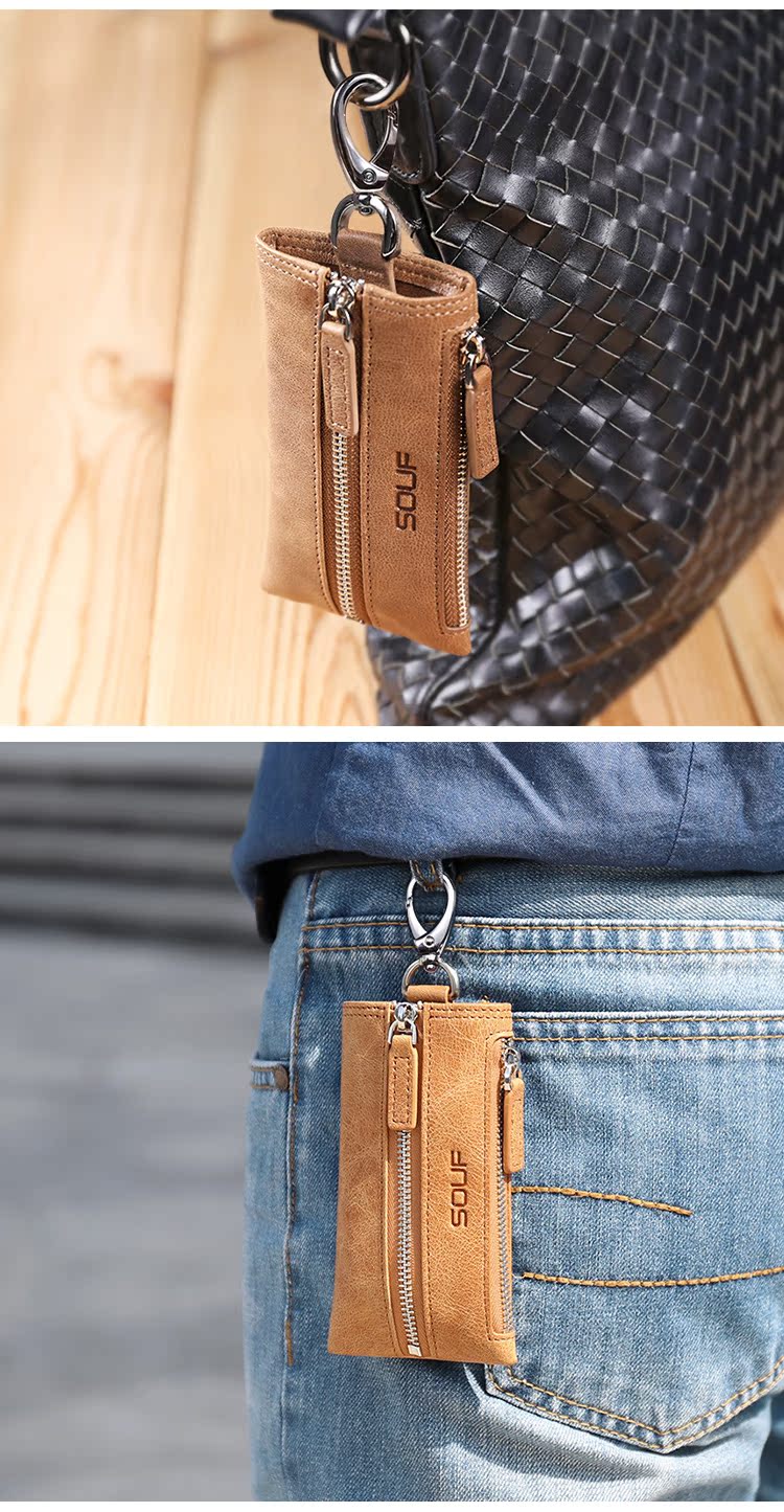 SOUF vintage key bag nam bằng da thắt lưng zip ví tiền ví đựng móc khóa