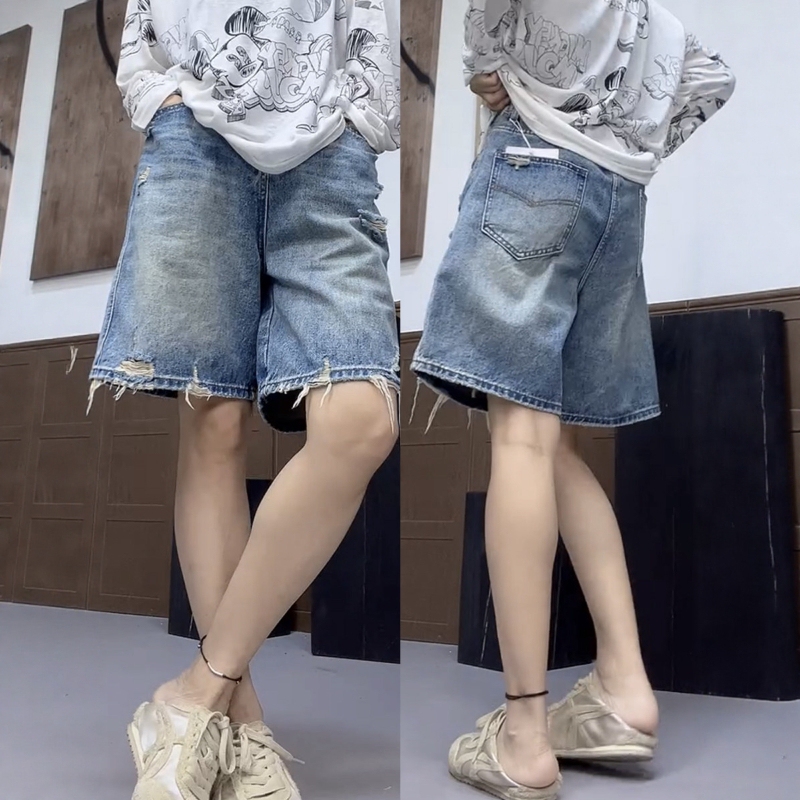 Summer Thin Ripped Frayed Denim Shorts for Women, Plus Size, Petite, Loose, Slimming, Wide-Leg, Mid-Length Shorts