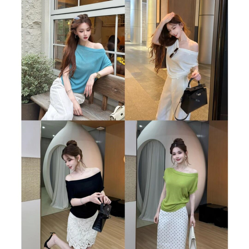 Kaka Official Genuine Product [Cooling for Summer] Versatile Round Neck Asymmetrical Shoulder One-Shoulder Three-Way Design Knitted Top