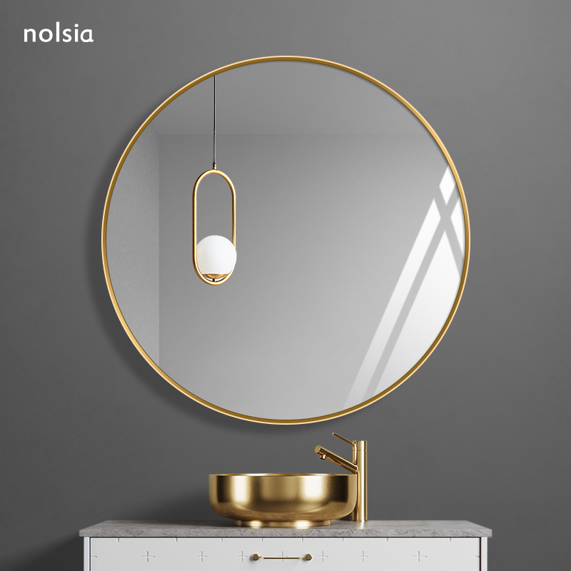 Light extravagant round bathroom mirror aluminum alloy rims wall-mounted wall dressing round mirror make-up room make-up mirror decoration mirror