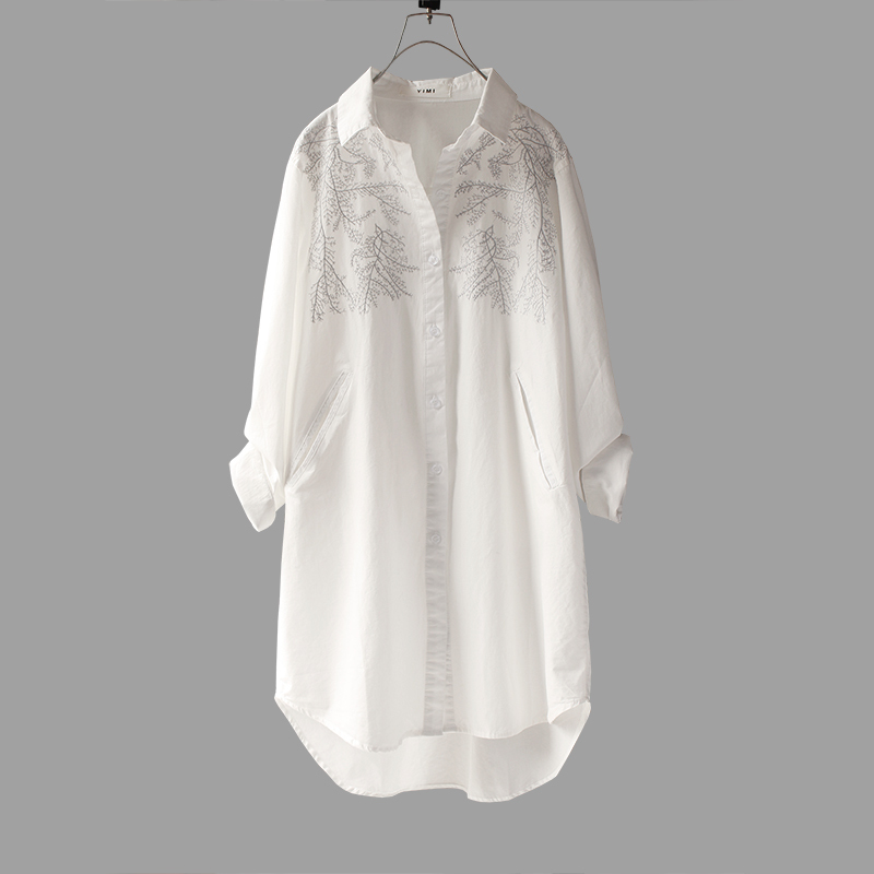 Original New White Shirt for Women, Mid-Length, Long-Sleeved, Versatile, Casual, European-Style Embroidered Branch Cotton Shirt, Base Shirt Original New White Shirt for Women, Mid-Length, Long-Sleeved, Versatile, Casual, European-Style Embroidered Branch Cotton Shirt, Base Shirt