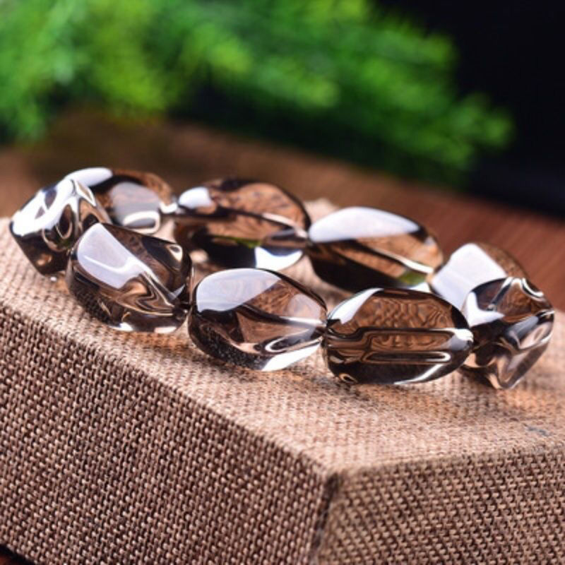 Single-Circle Buddhist Bead Natural Tea Crystal Bracelet for Men, Tea Crystal Smoky Quartz Irregular Crystal Jewelry