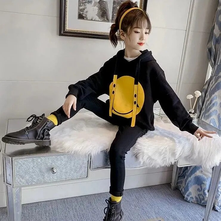Girl's spring autumn clothing 2022 new Korean version of the Korean version Children's smiling face printed Lianhood Sport shirts CUHK Girl girl blouses
