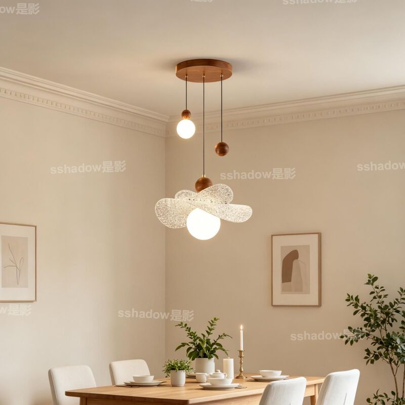 French Retro Restaurant Chandelier, Walnut Color Round Bead Hat Cream Lamp, Natural Wood Style Dining Table Warm Led Chandelier