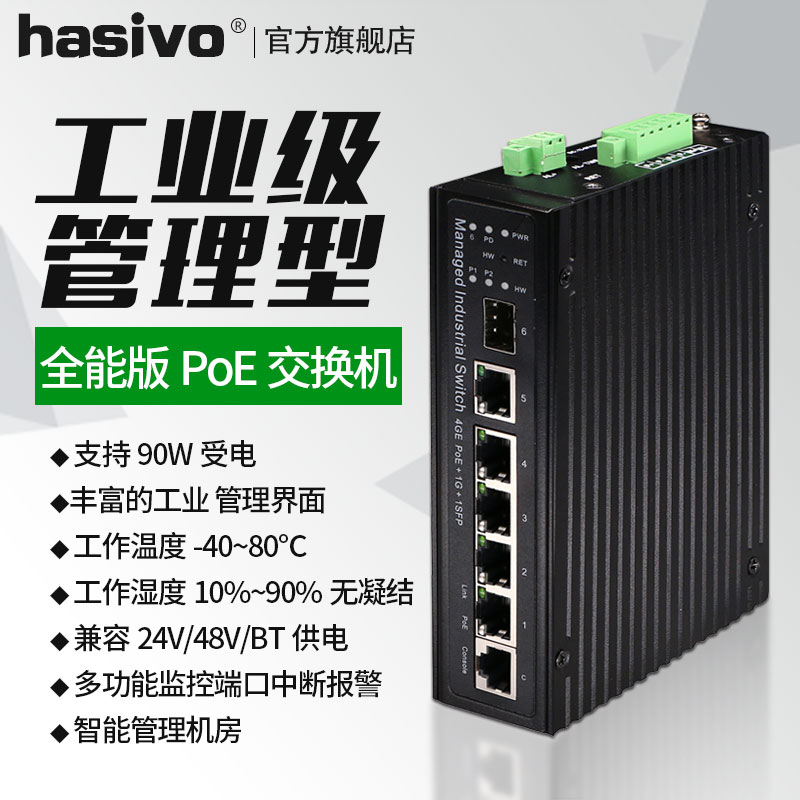 hasivo industrial grade poe management switch Gigabit 4 port Ethernet monitoring guide rail PD-90W is powered