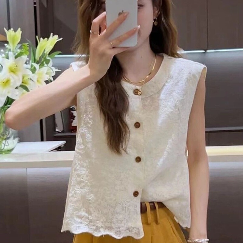 Korean-Style Round-Neck Lace Embroidered Vest Top for Women, Popular Summer New Design, Hollow-Out Stylish Vest Shirt Korean-Style Round-Neck Lace Embroidered Vest Top for Women, Popular Summer New Design, Hollow-Out Stylish Vest Shirt