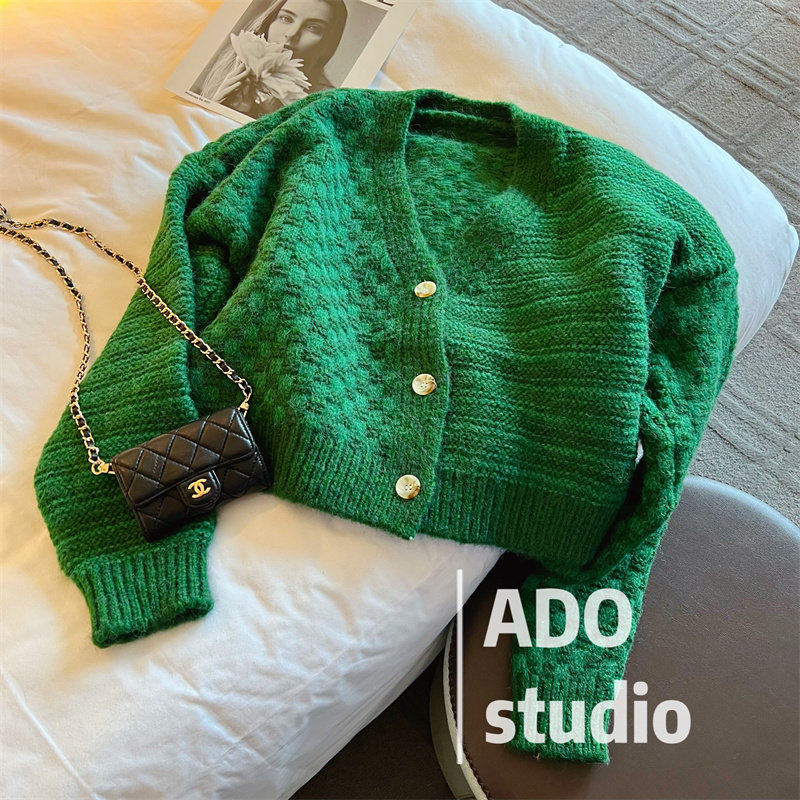 Green knitted cardigan women's 2022 autumn new V-neck button loose temperament long-sleeved jacket solid color sweater - Taobao
