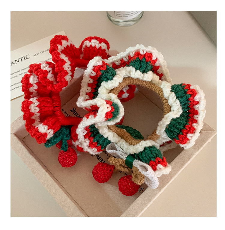 食颜派 圣诞颂歌~红色樱桃针织毛线大肠发圈 1个装【手工钩织的圣诞甜妹密码】