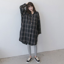 Maternity Spring Dress Long Sleeve Top Pregnancy Cotton Mid-Length Casual Spring and Autumn Plaid Shirt Cardigan Jacket