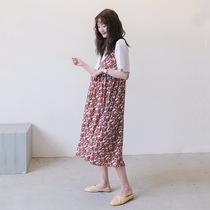 Maternity dress summer fashion suit Korean temperament floral chiffon suspender skirt two-piece long skirt spring and summer tide