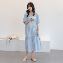 Small fresh fairy skirt maternity summer dress 2021 new short-sleeved over-the-knee long skirt Korean version fashion loose tide mom skirt