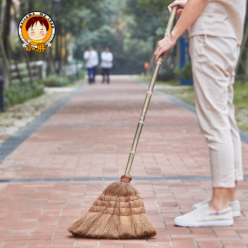 Long handle thickened brown broom with soft wool wood floor broom single household dustpan suit handmade plant mane broom