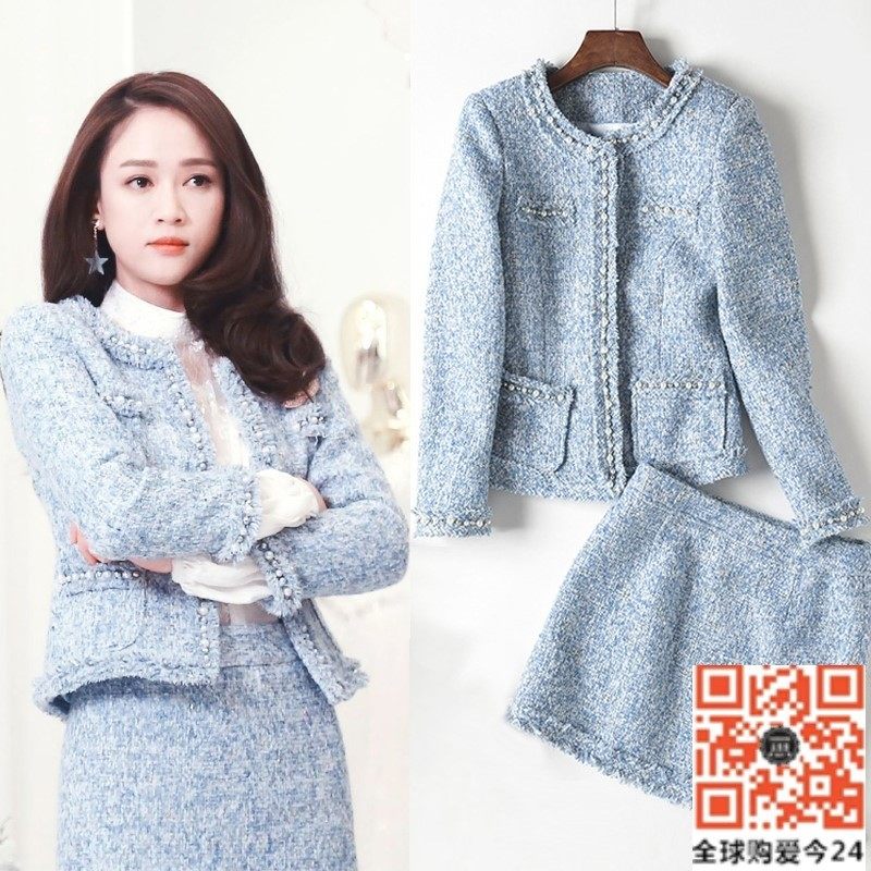 Hong Kong 2020 Chen Qiaoen star with the same style temperament fashion slim small fragrance style tweed jacket skirt suit