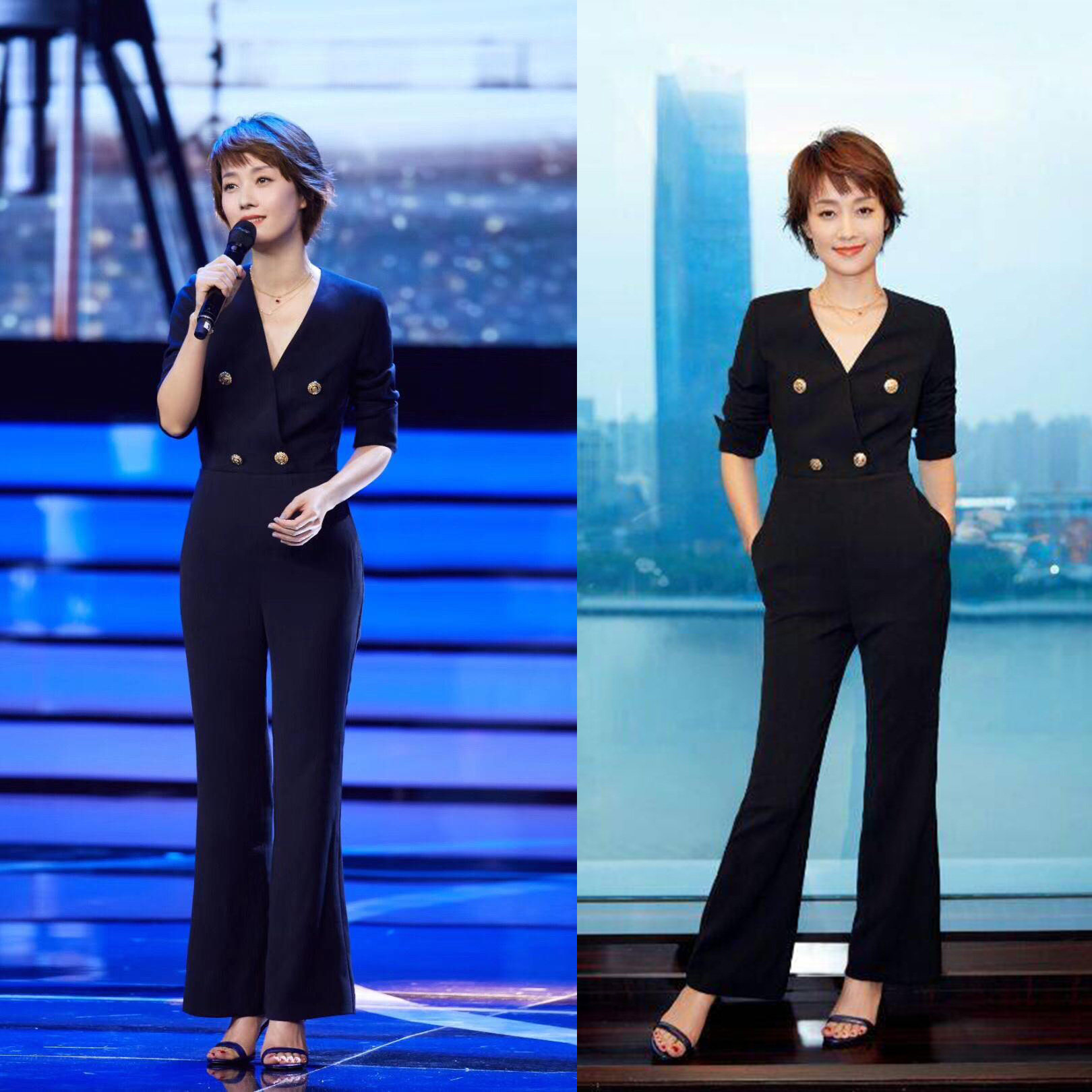 Hong Kong 2021 Ma Yili star same style fashion black slim jumpsuit v-neck flared suit jumpsuit female