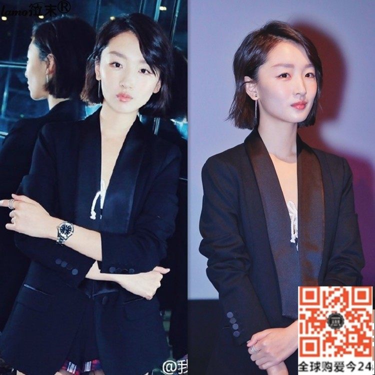 Hong Kong 2021 Zhou Dongyu star same style black fashion small suit professional suit slim-fit bright collar casual jacket
