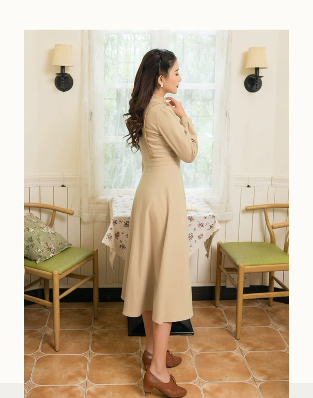Nụ cười bướng bỉnh để sưởi ấm mùa thu đông 2018 mới của phụ nữ nghệ thuật cổ điển retro thêu cổ áo dài tay váy đẹp 2021