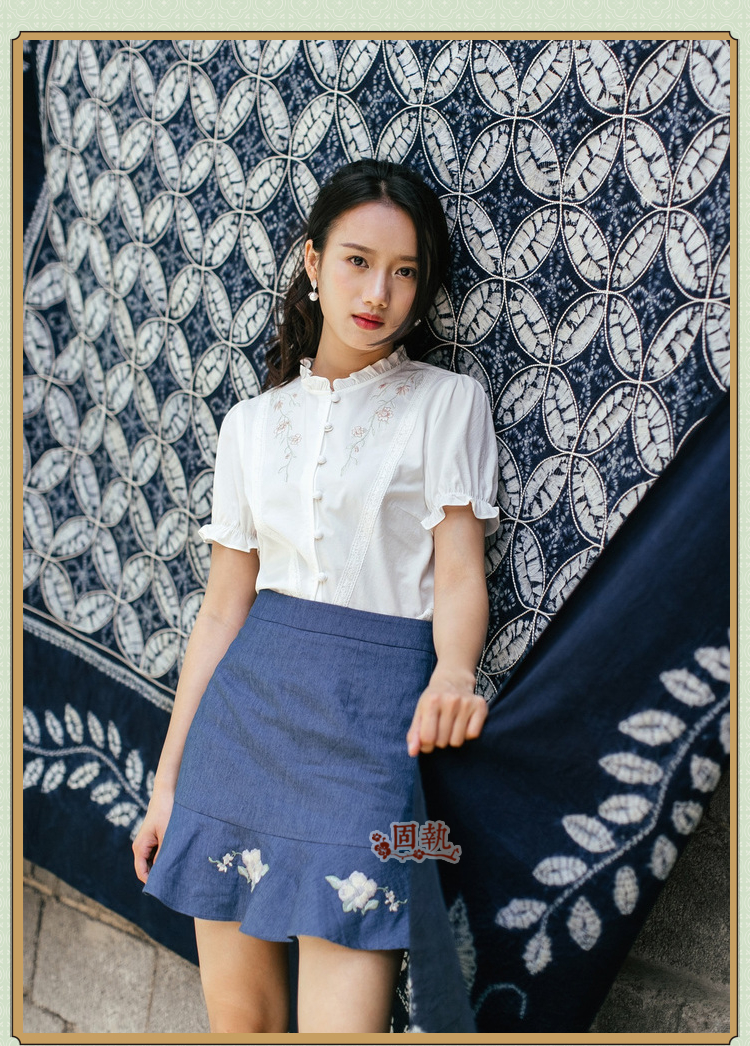 Nụ hoa đầu tiên 2019 mùa hè mới của phụ nữ nghệ thuật retro cổ nấm bằng gỗ thêu áo sơ mi ngắn tay hoang dã - Áo sơ mi sơ mi cộc tay