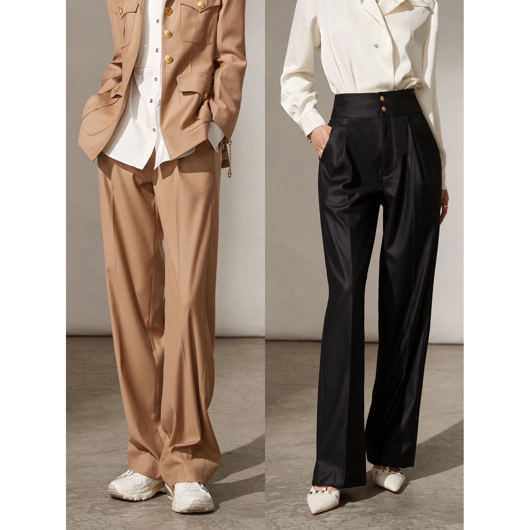 AS anti-wrinkle process satin finish with original adjustable waist circumference high waist display high display slim micro-cone wide leg pants female spring