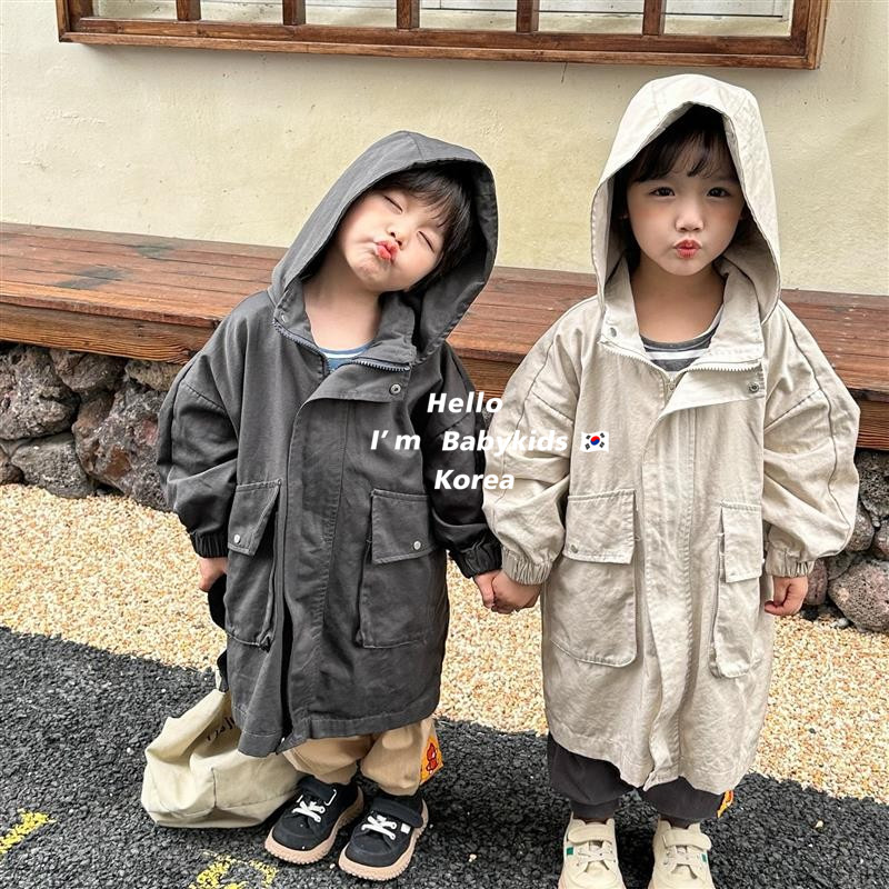 In spring 2023 children's long coat boys and girls with a hat clothes Han baby loose and simple tops
