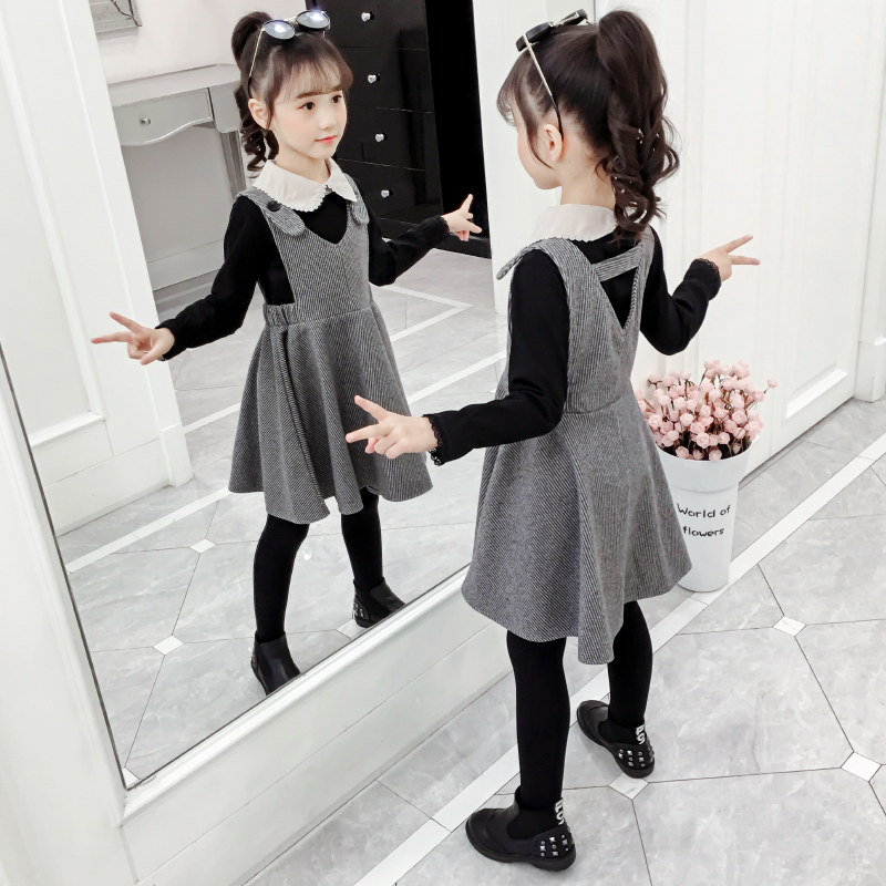 Girls dress suit autumn 2021 new Korean version of the foreign school spring and autumn girls doll collar skirt two-piece set