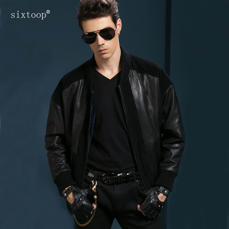 Six toop winter baseball collar leather fur men's coat short rabbit fur one leather jacket men