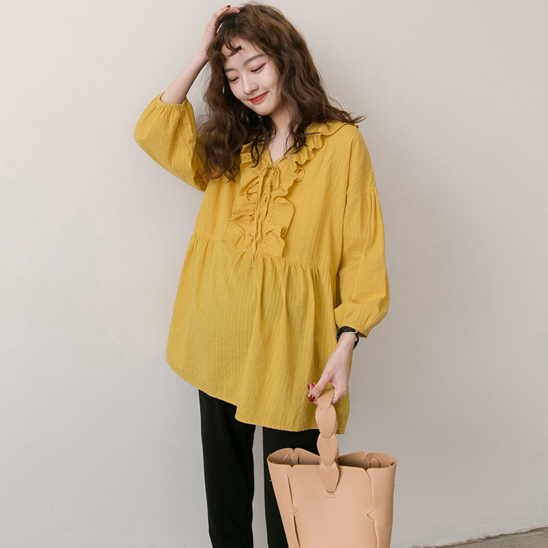 Pregnant women's tops Spring and summer fashion trend mom loose age-reducing doll shirt Medium-long Western maternity clothes spring and summer shirts
