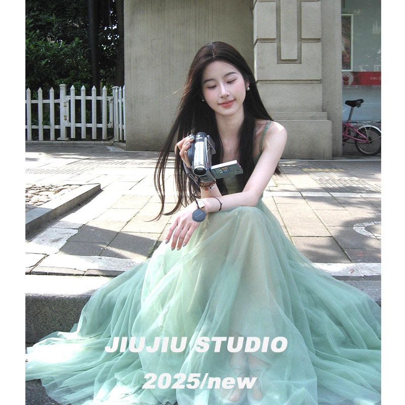 The Wizard of oz Mesh Fairy Dress for Women, Summer French-Style Green Spaghetti Strap Dress, Elegant and Artistic Long Dress
