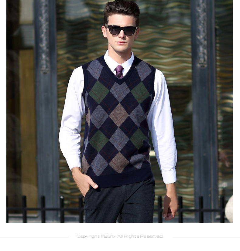 Nam giới trung niên nam thu mùa thu đông dày ấm áp hình kim cương kẻ sọc len dệt kim vest vest áo len không tay