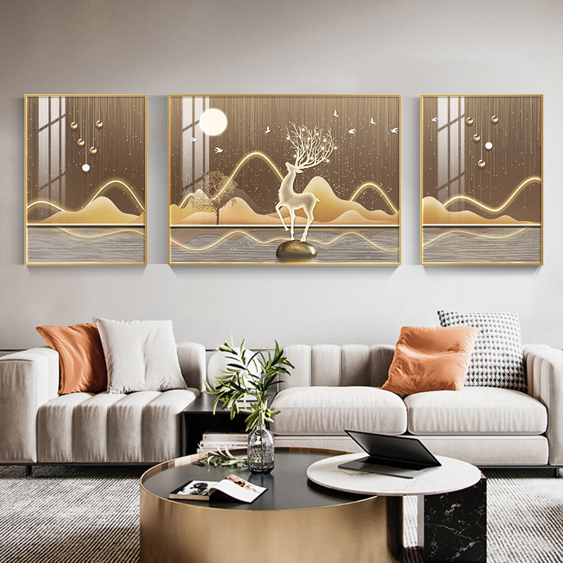 Foru Gold Mountain Living Room Decoration Painting Modern Minimalist Sofa Background Wall Hanging Painting Light Extravagant Atmosphere Triple Upscale Mural Painting