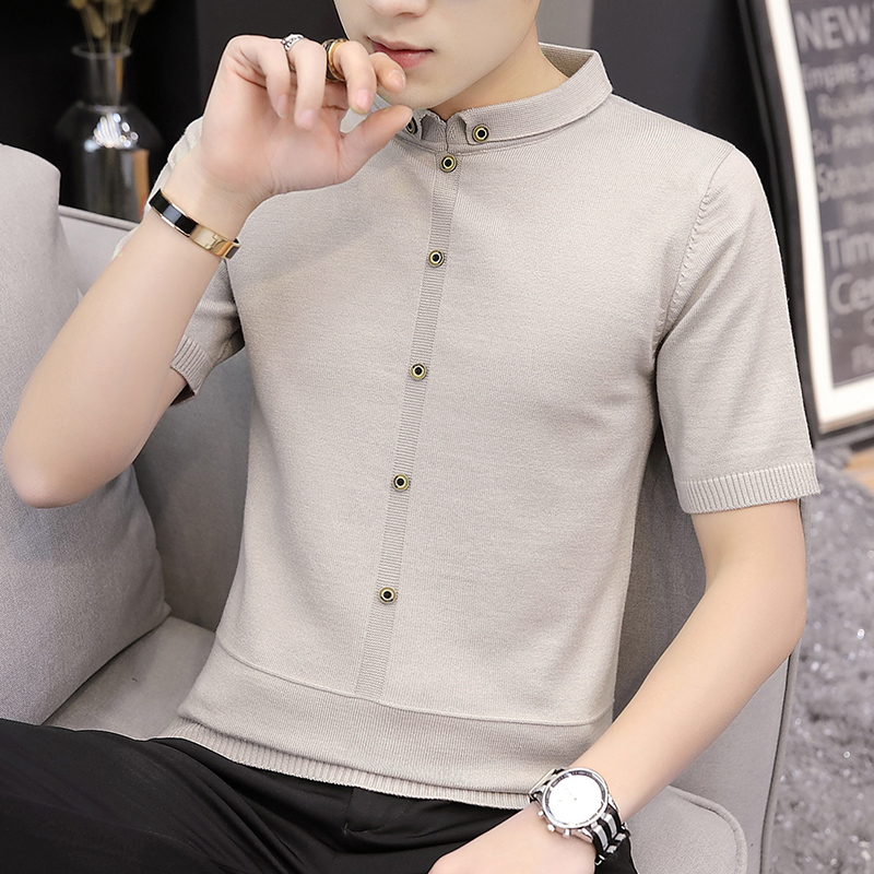 2021 spring and autumn new men's semi-high collar knitted short-sleeved T-shirt Korean version of the trend half-sleeve sweater base small shirt