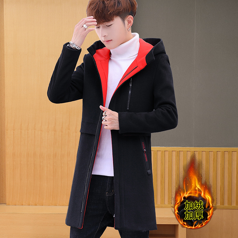 2021 autumn and winter New men Korean version of long woolen coat trend winter wear plus velvet thick coat trench coat