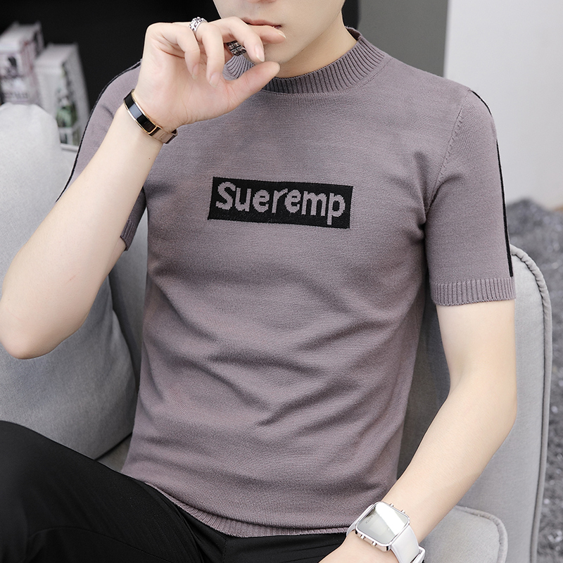 2022 New Spring and Autumn Men's Short Sleeve T-Shirt Sweater Korean Trend Semi-Turtleneck Personality Bottom Knit