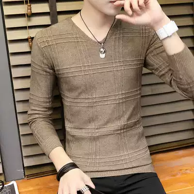 2020 new men's autumn and winter V-neck sweater personality Korean version of slim-fit bottoming sweater trend warm sanitary clothes
