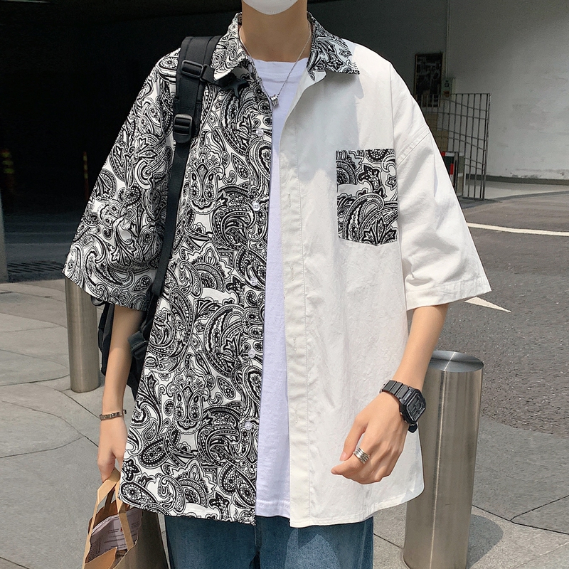 Men's Summer Short-Sleeved Shirt with Mandarin Duck Patchwork and Paisley Pattern, Plus Size, Trendy, Loose-Fitting Casual Top/Jacket for Overweight People Men's Summer Short-Sleeved Shirt with Mandarin Duck Patchwork and Paisley Pattern, Plus Size, Trendy, Loose-Fitting Casual Top/Jacket for Overweight People
