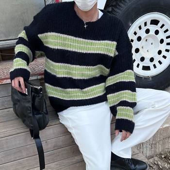 New niche ins style plus size fat man trendy brand round neck sweater striped loose casual pullover long sleeve sweater New niche ins style plus size fat man trendy brand round neck sweater striped loose casual pullover long sleeve sweater